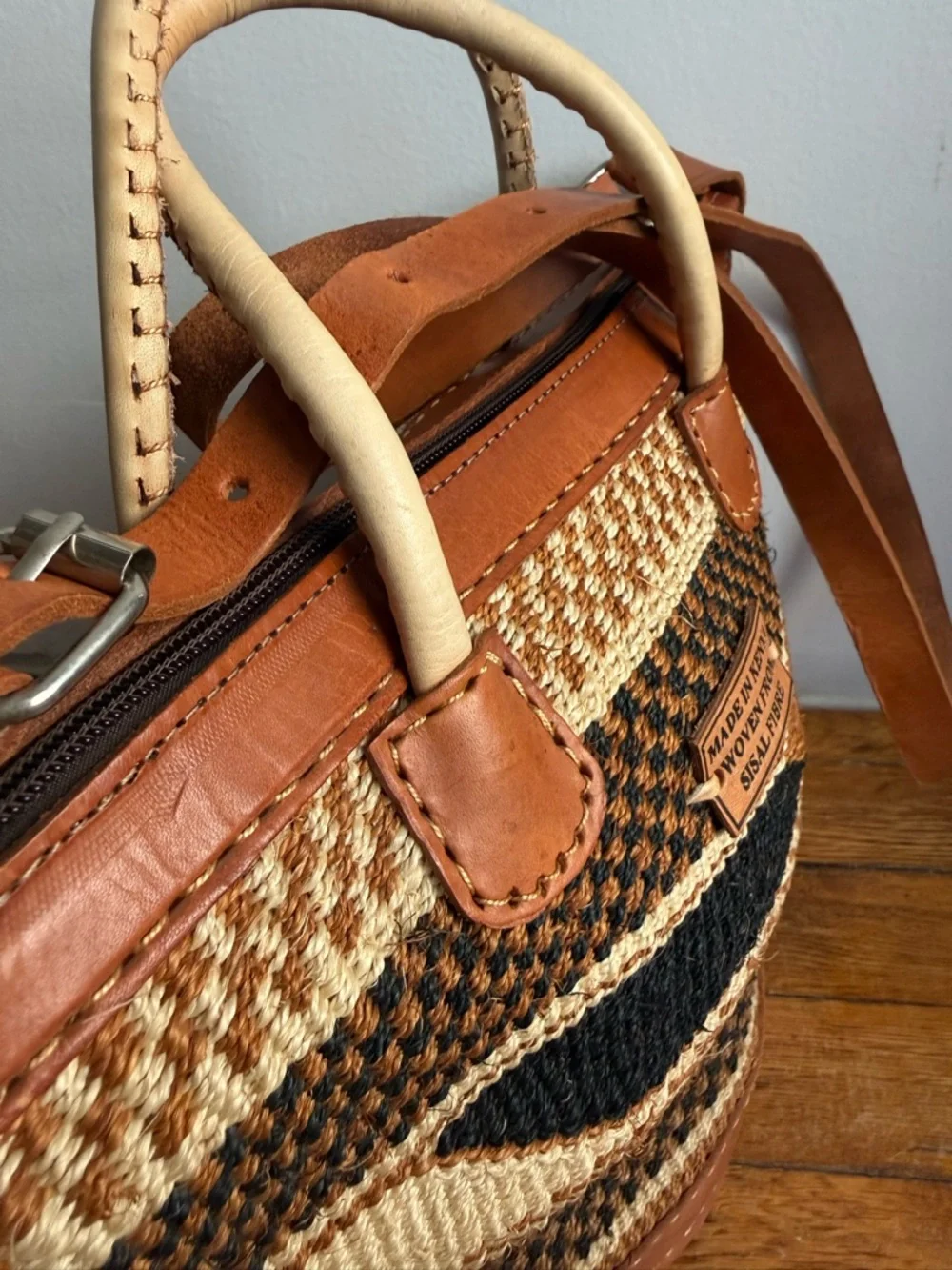 Handwoven Brown African Sisal Tote Bag Kenyan Basket Bag Leather Trim Large - Picture 6 of 11